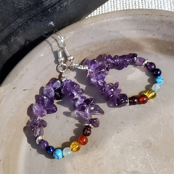 Amethyst 7 Chakras Yoga Om Zen Mindful Gemstone Beads Teardrop Earrings - Picture 6 of 10